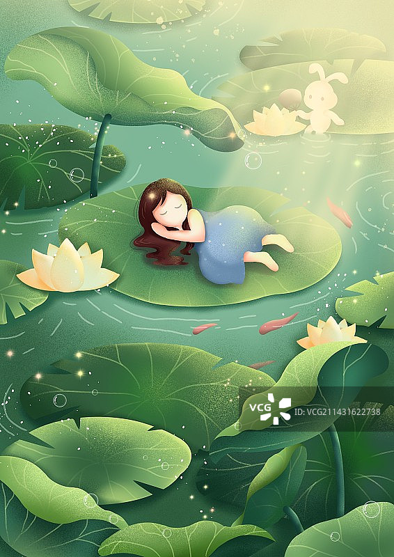 小暑节气阳光下女孩和兔子在池塘荷叶上睡觉图片素材