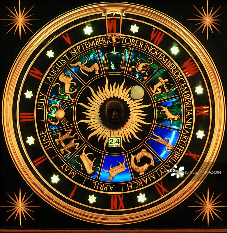 展示十二星座的彩色玻璃窗图片素材