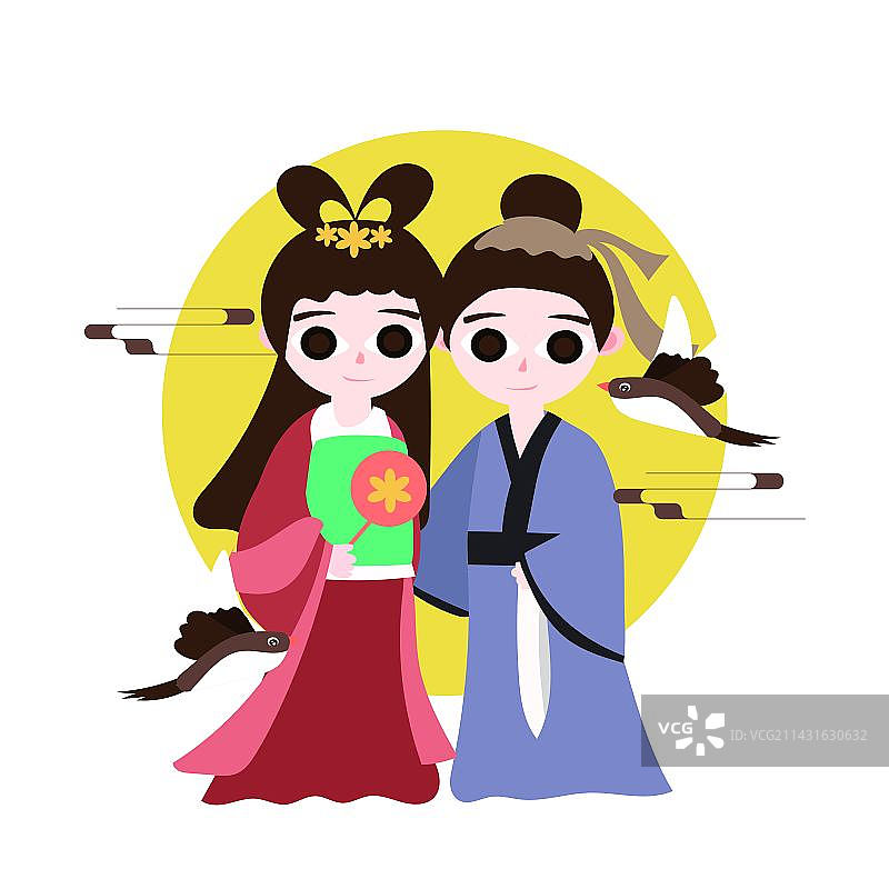 矢量手绘七夕牛郎织女插画图片素材