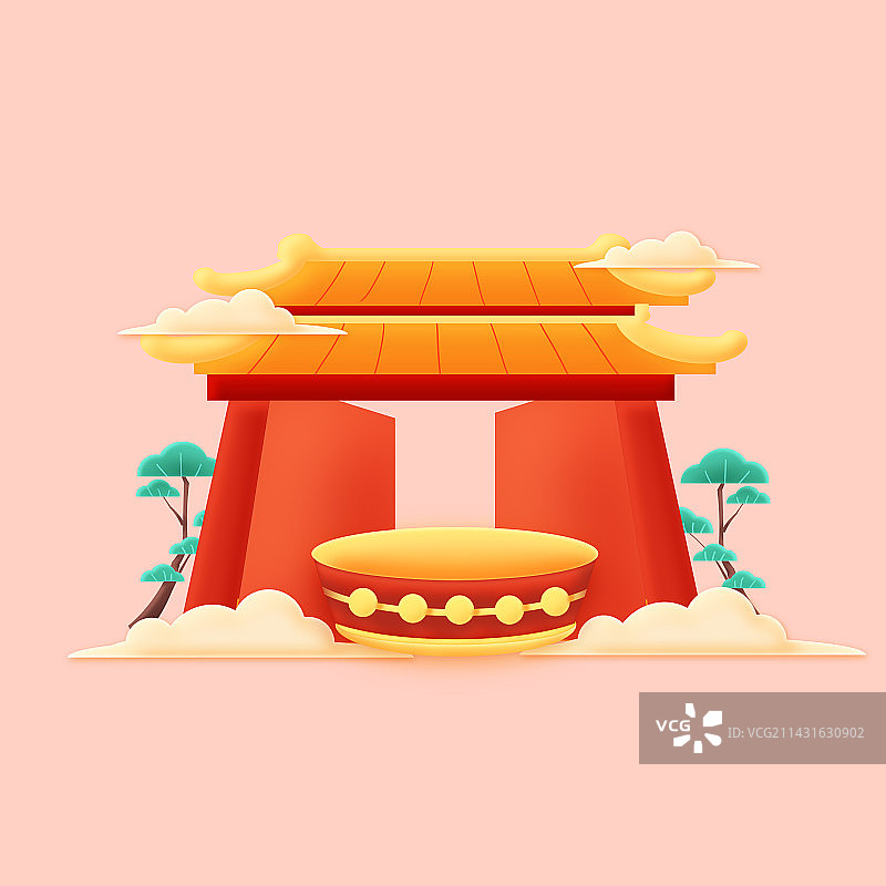 手绘卡通门锣鼓插画图片素材