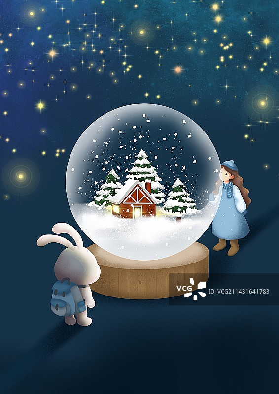 小雪节气女孩和兔子看水晶球中雪景图片素材