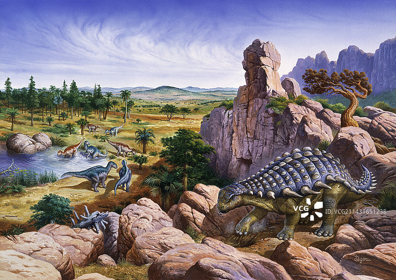 单独的甲龙和一群鸭嘴龙图片素材