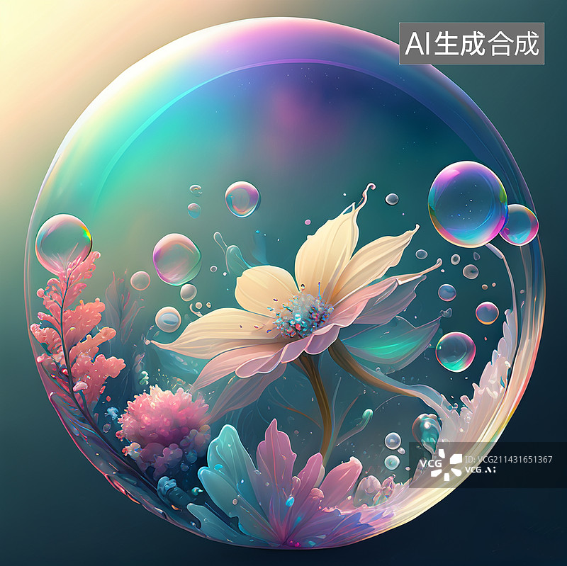 【AI数字艺术】泡泡中的彩色花卉图片素材