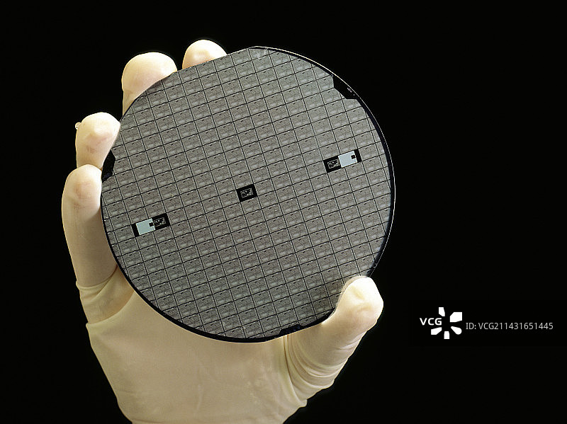 戴手套的手拿着加工过的硅晶圆图片素材