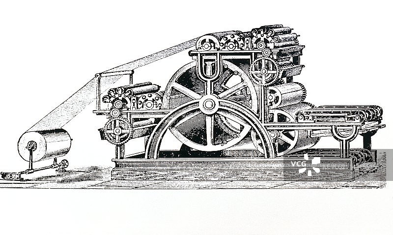 1865年布洛克旋转印刷机雕刻图图片素材