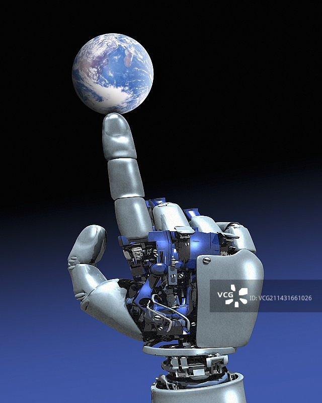 在机械手指上旋转的地球图片素材