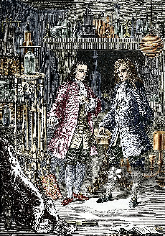 德尼·帕潘和罗伯特·玻意耳的雕刻图片素材