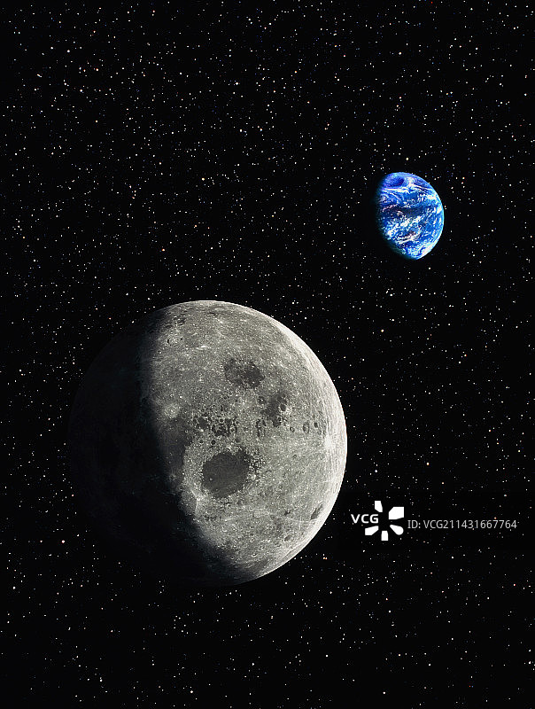 显示月球及地球背景的合成图像图片素材