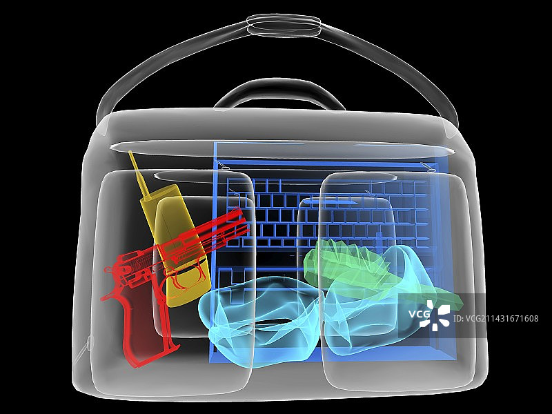 公文包里的手枪，模拟X光图片素材