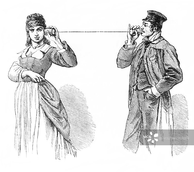 用杯子和绳子做成的简易电话系统图片素材