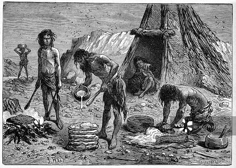 早期人类准备食物，艺术作品图片素材