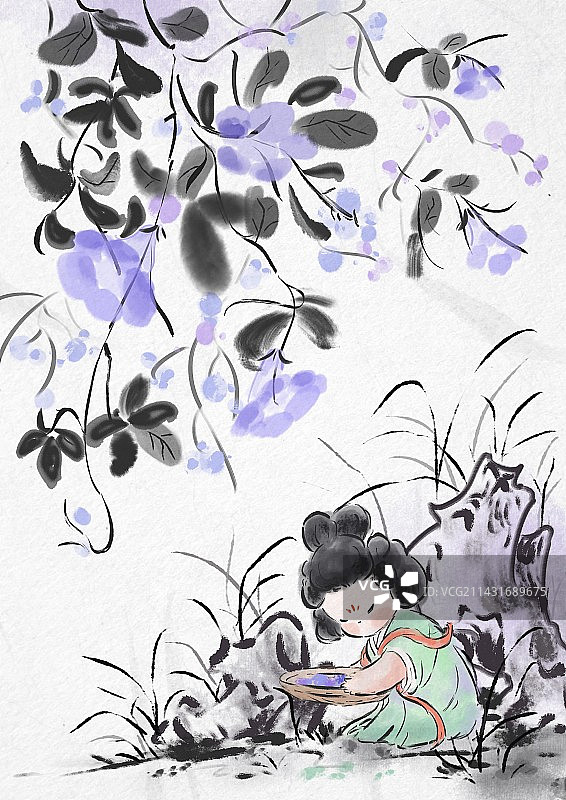 水墨新国风牵牛花古典仕女劳动图图片素材