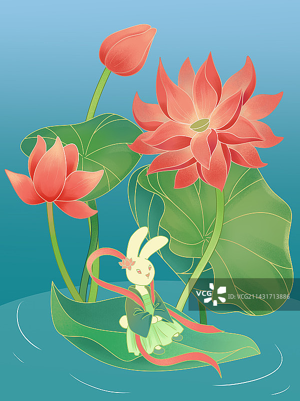 国潮兔子与荷花图片素材
