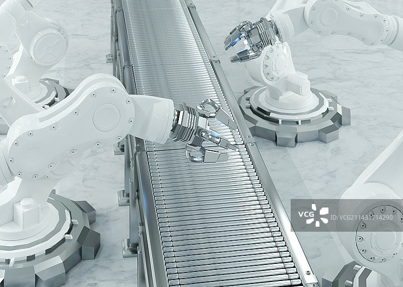 自动化工厂中的机械臂机器人和传送带图片素材