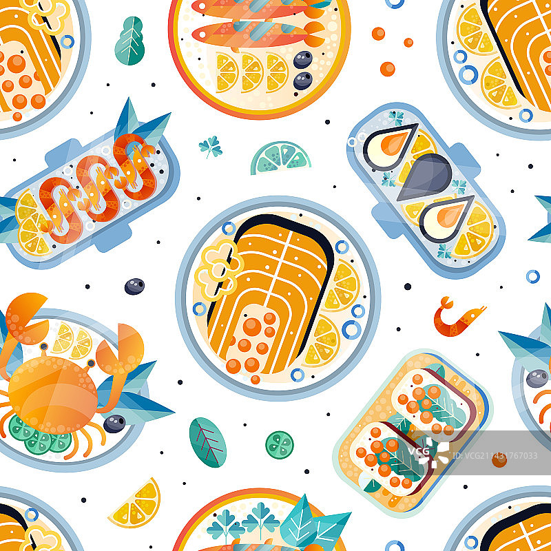 鱼类和贝类海鲜菜肴图片素材