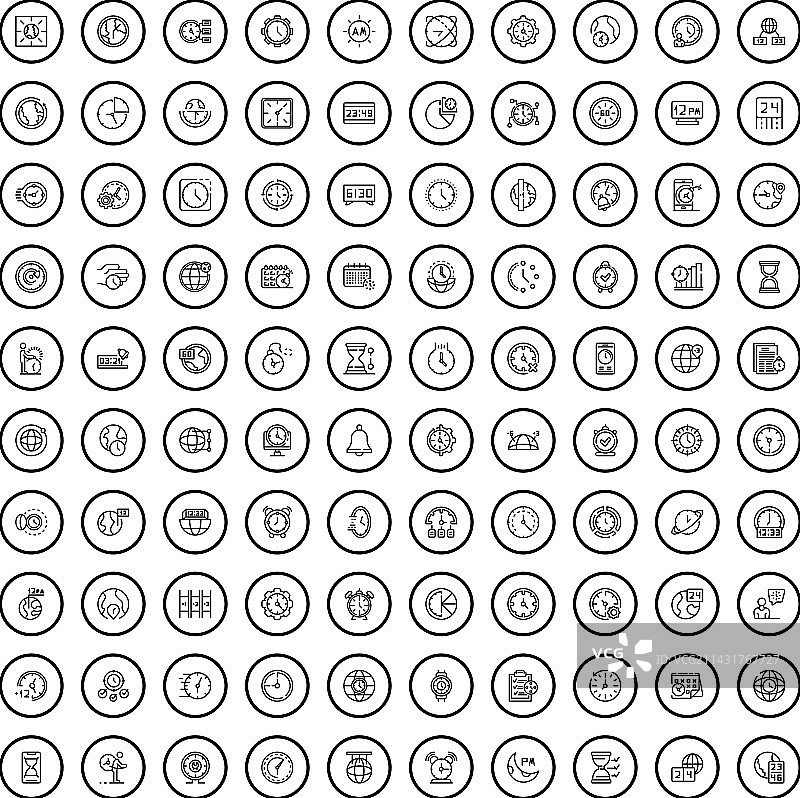 100个时钟图标：线框风格图片素材