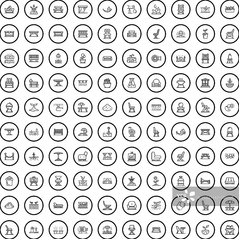 100个园林图标集，轮廓风格图片素材