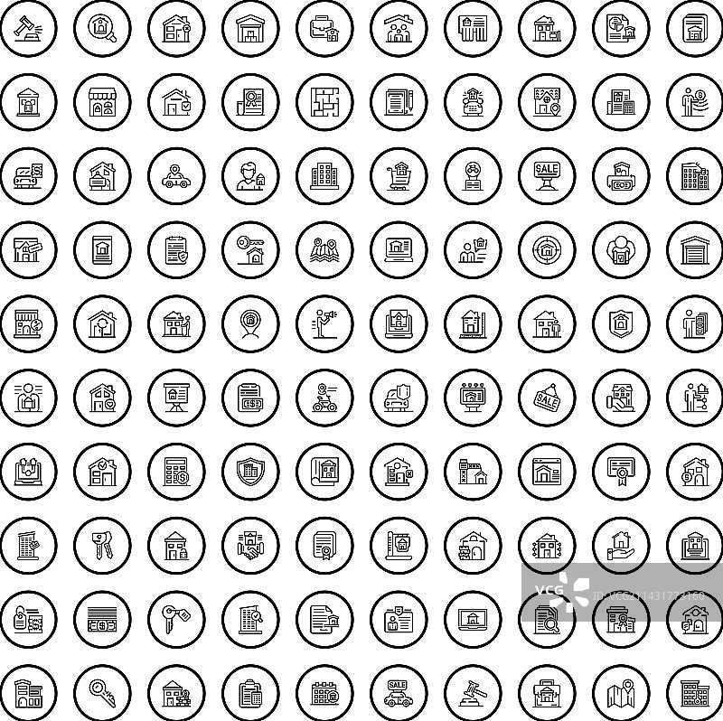 100个别墅图标，轮廓风格图片素材