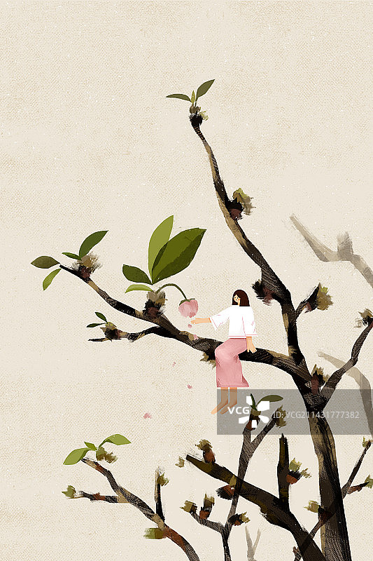 一个女孩坐在花枝上插画图片素材