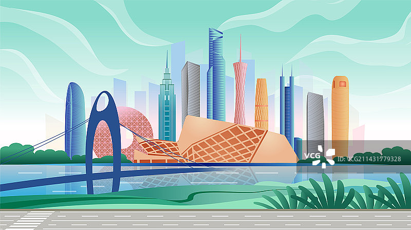中国广东广州市国潮商务科技城市彩色矢量插画图片素材
