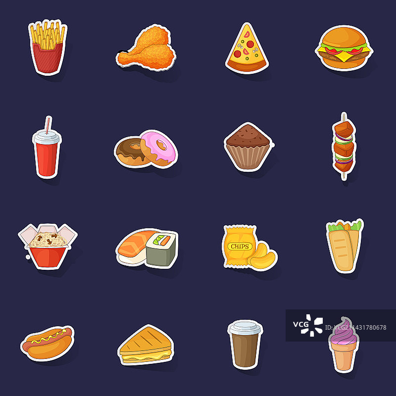 快餐图标贴纸套装图片素材
