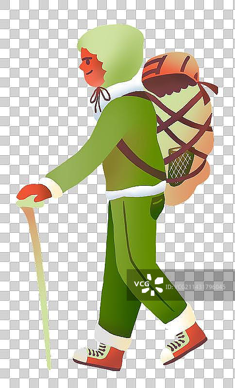 背登山包穿冲锋衣拄着手杖的戴帽子的男人图片素材