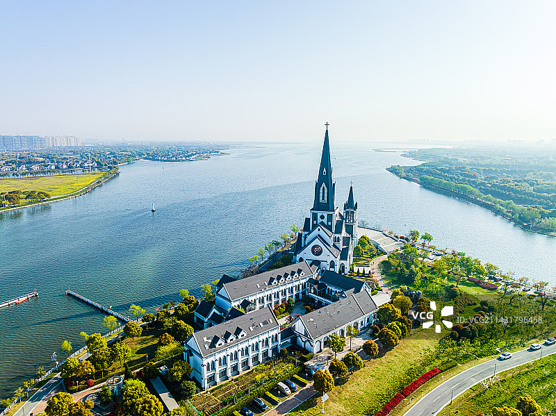 苏州园区天主教堂，航拍图片素材