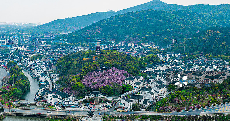 苏州光福，铜观音寺，春天晚樱花开，航拍图片素材