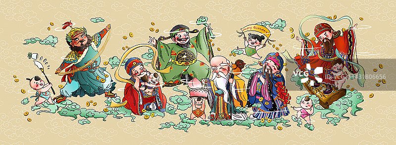 国风装饰画福禄寿喜财神大集合春节祝福插画图片素材