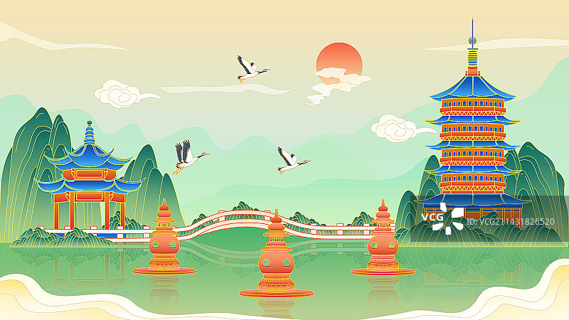 杭州西湖国潮矢量插画图片素材