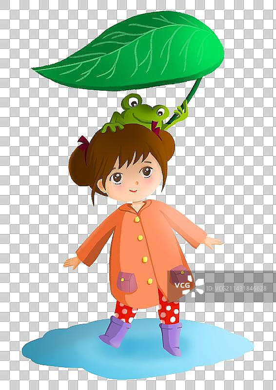 雨天青蛙为女孩撑叶子图片素材