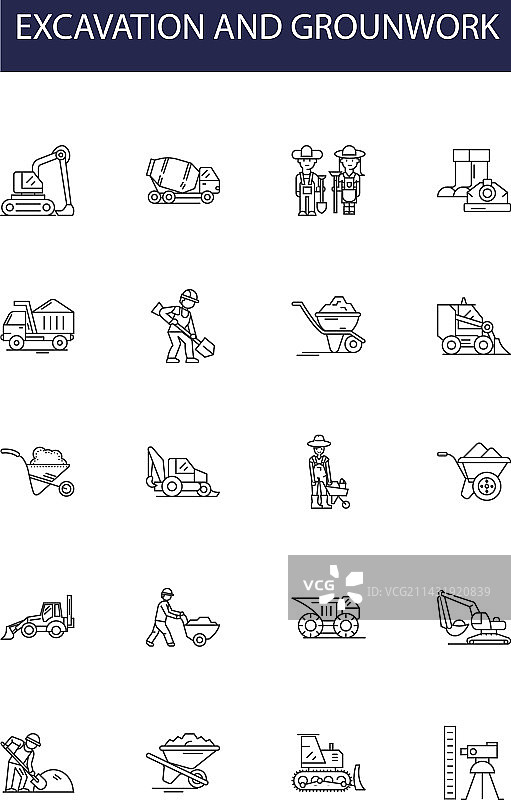 挖掘和地面工程线性图标图片素材