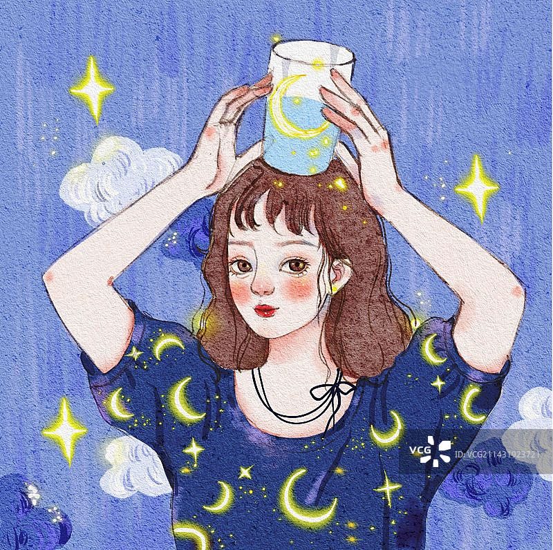一个年轻的女人拿着一杯咖啡和一个发光的星星图片素材