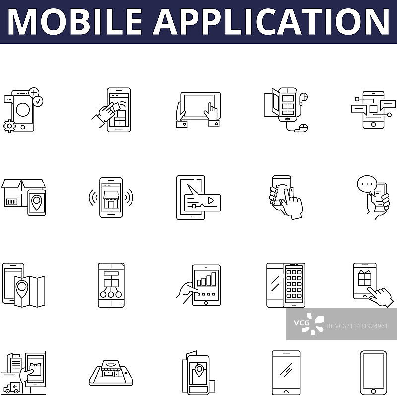 移动应用程序线性图标和标志图片素材