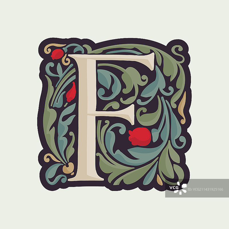 带曲线叶子的发光字母F图片素材