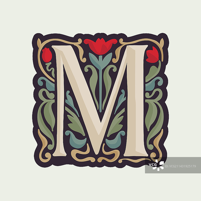 带曲线叶子的M字母发光首字母图片素材