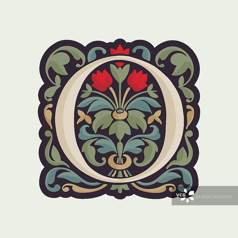 带有曲线叶子的 O 字母发光首字母图片素材