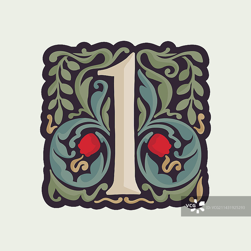 曲线叶子装饰的数字1图片素材