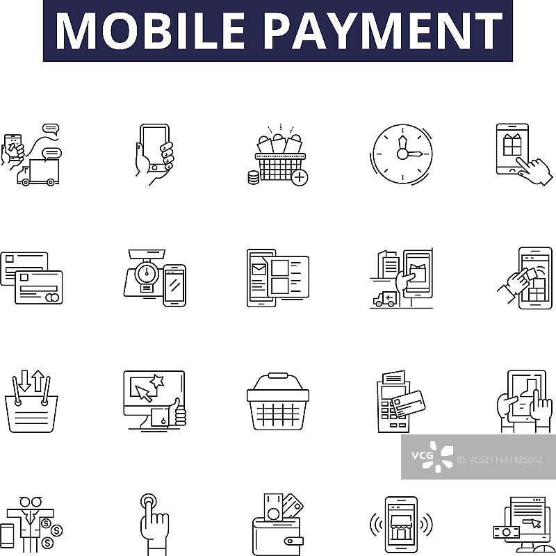 移动支付线性图标和钱包标志图片素材