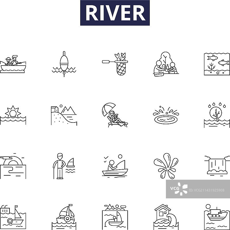 河流线性图标和溪流标志图片素材