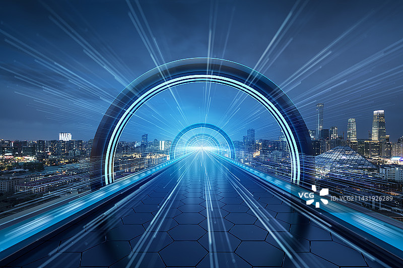 科技感隧道与北京城市夜晚天际线，未来城市交通概念图片素材