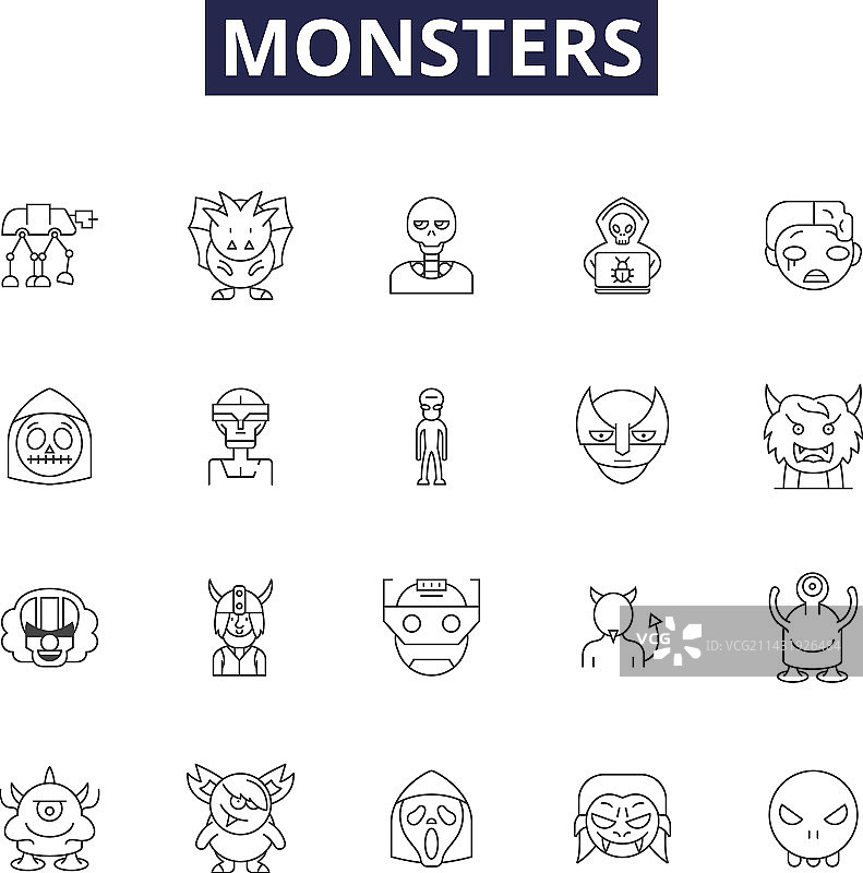 怪物线条图标和蜥蜴人标志图片素材