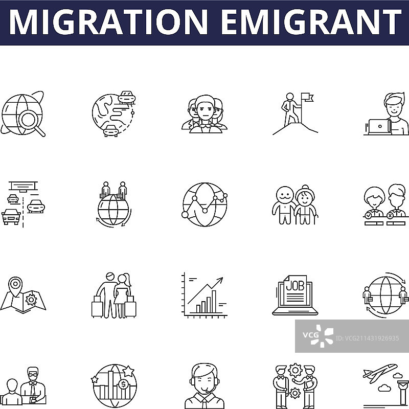 移民迁徙线性图标和标志图片素材