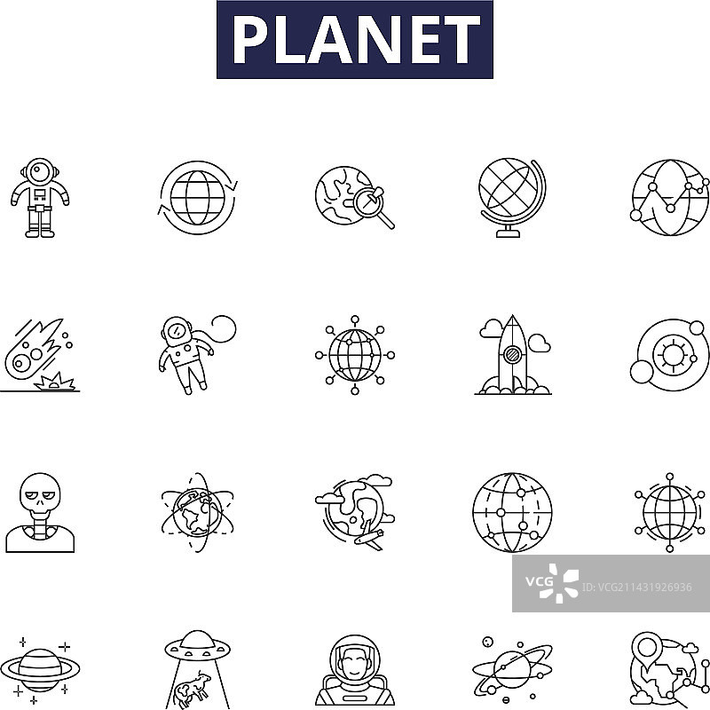 行星线性图标和宇宙世界标志图片素材