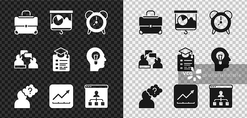 公文包、带有图表的黑板、闹钟图片素材