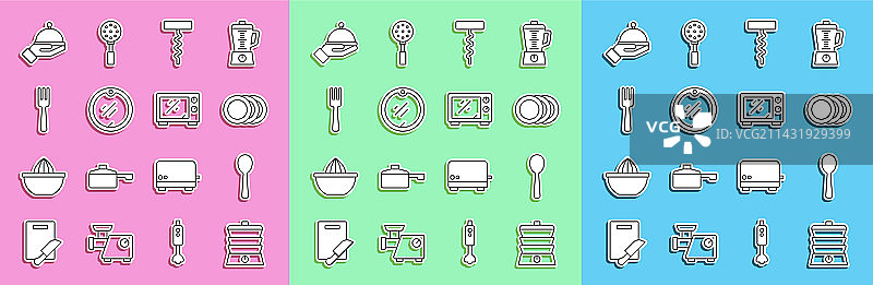 线条集：慢炖锅、勺子、盘子、酒塞钻图片素材