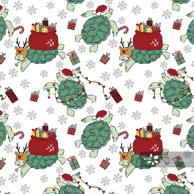 手绘卡通矢量海龟圣诞图案图片素材