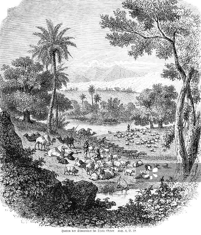 基多尔山谷的西缅人,山谷,乡村绵羊,群山,羊群,牧羊人,牧场,早晨,骆驼,湖泊,棕榈树,《圣经》,《旧约》,《历代记上》第4章第39节,1850年历史插图图片素材