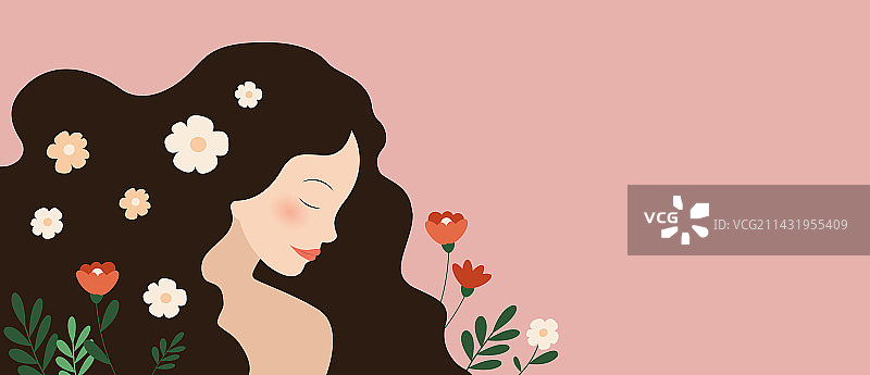 一位年轻美丽的女性与花儿组合图片素材