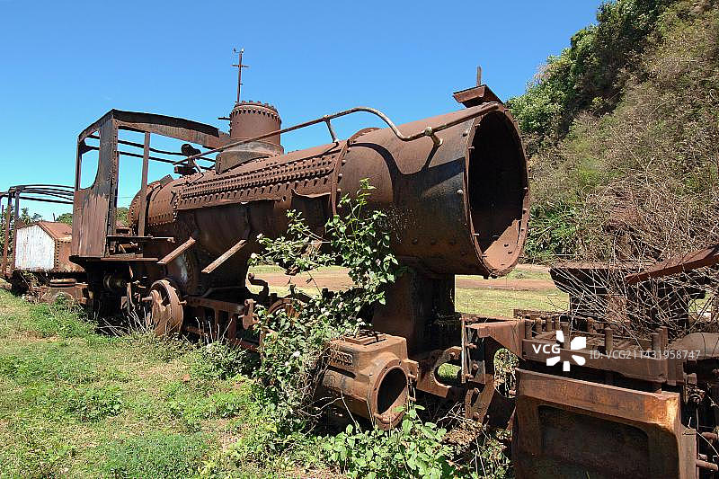 马达加斯加非洲，用煤作业的生锈蒸汽机车停在侧线上，被植物自然覆盖图片素材
